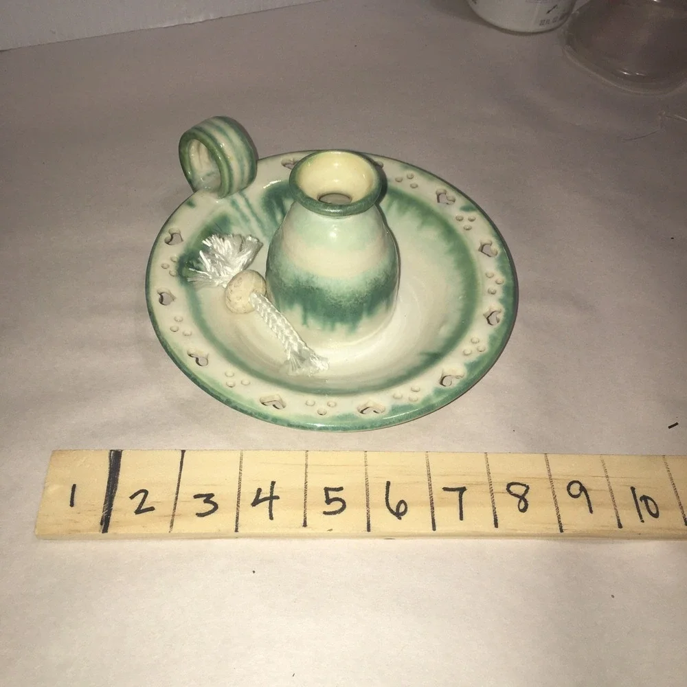 Artist Signed Hand Made Pottery Oil Candle Or Vase W Finger Hold